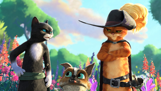 (L to R) Kitty Soft Paws (voiced by Salma Hayek), Perro the dog (Harvey Guillén) and Puss in Boots (voiced by Antonio Banderas) in Puss in Boots: The Last Wish