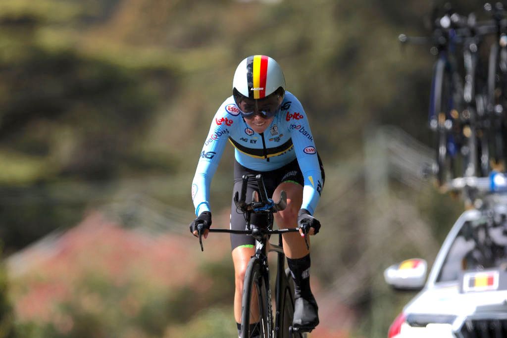WOLLOGONG, AUSTRALIA - SEPTEMBER 20: Jooris Febe of Belgium sprints during the 95th UCI Road World Championships 2022 - Women Junior Individual Time Trial a 14,1km race from Wollongong to Wollongong / #Wollongong2022 / on September 20, 2022 in Wollongong, Australia. (Photo by Con Chronis/Getty Images)