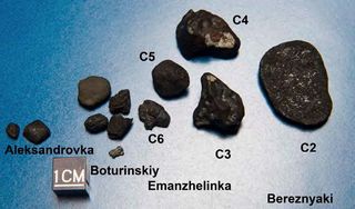 Fragments of Chelyabinsk (C2 - C6) analyzed in this study. Find locations are marked. C2 is an oriented meteorite; it travelled with its flat side forward. Its backside is shown. Image released Nov. 6, 2013.
