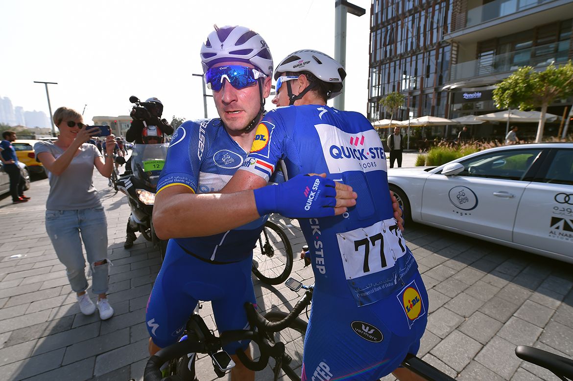 Elia Viviani is congratulated by Quick-Step Floors teammate Niki Terpstra.