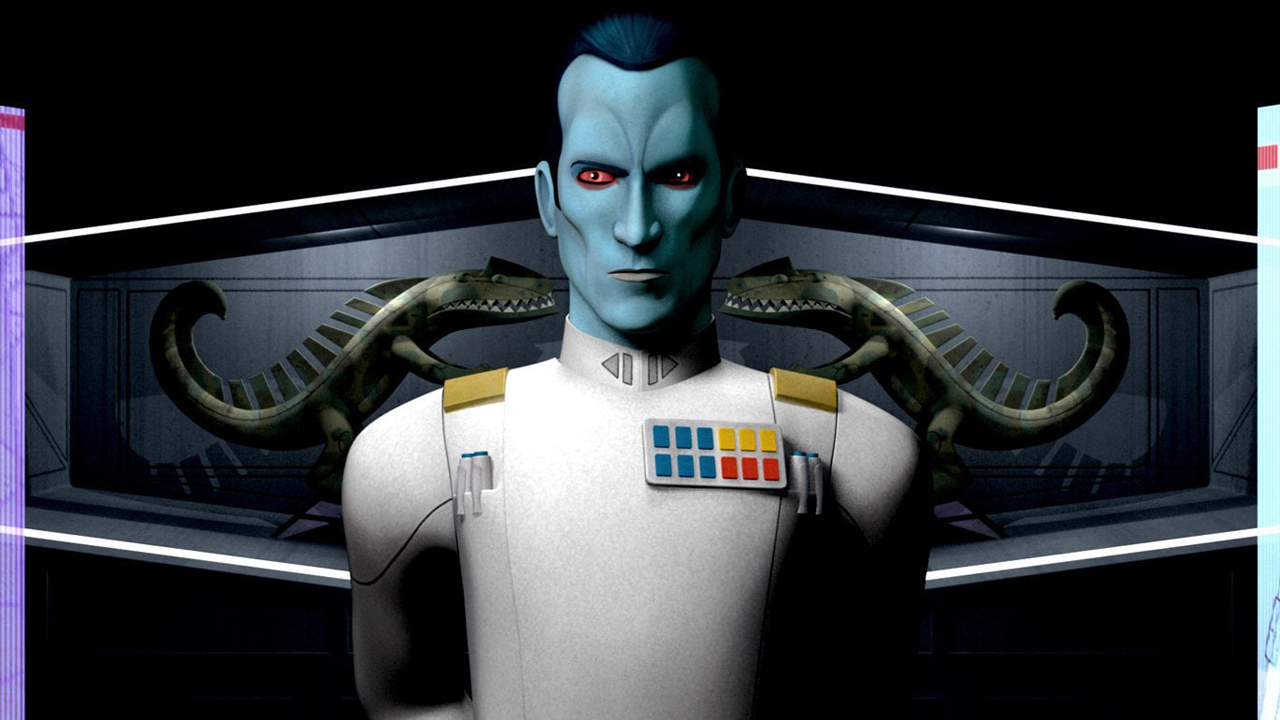A screenshot of Grand Admiral Thrawn smiling from Star Wars: Rebels