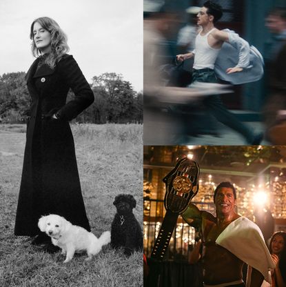 a headshot of casting director jennifer venditti of jv8 standing in a field in a long black coat next to her two dogs and opposite film stills of timothee chalamet running in marty supreme and the rock in smashing machine