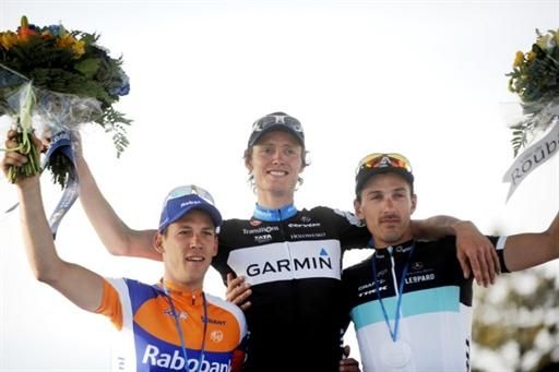 The 2011 Paris-Roubaix podium: Maarten Tjallingi (Rabobank), Johan Van Summeren (Garmin-Cervelo) and Fabian Cancellara (Leopard Trek)
