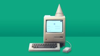 And old Apple Mac computer running ChatGPT in a browser window that is wearing a dunce cap and sat on a green backdrop.