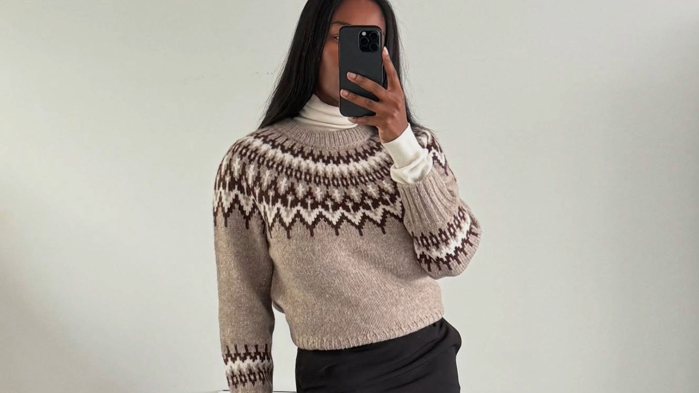 Marilyn NK in a fair isle sweater