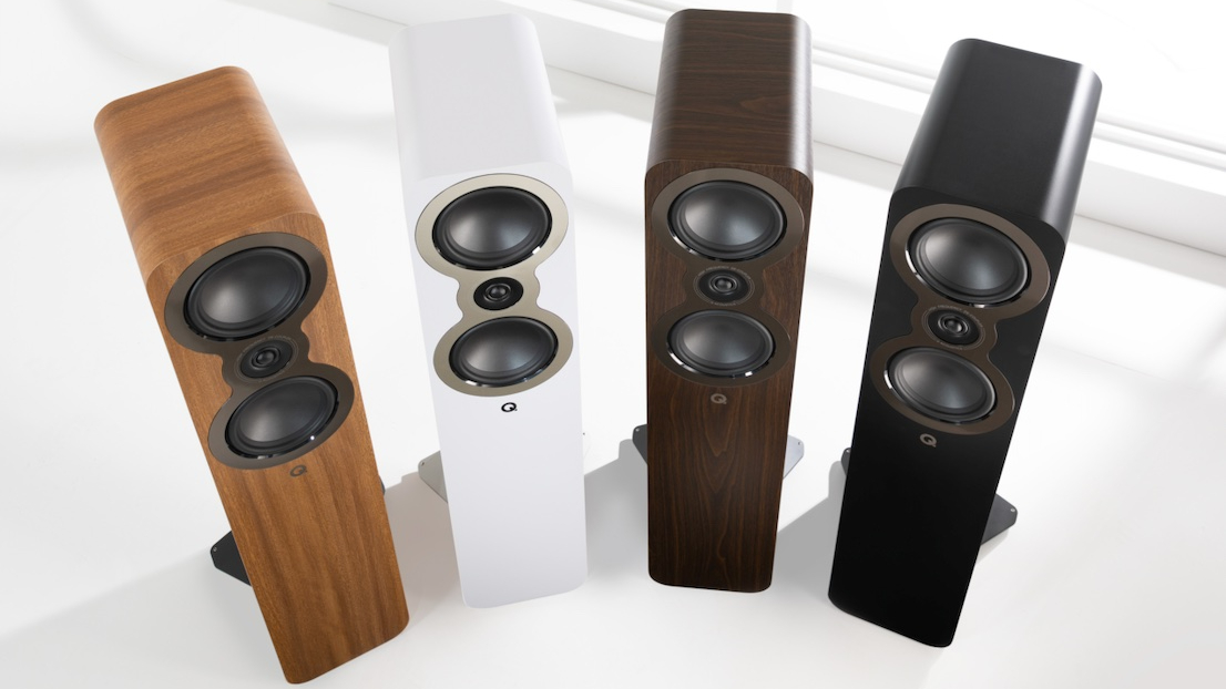 Q Acoustics 3050c floorstanding speaker, seen in all four colorways