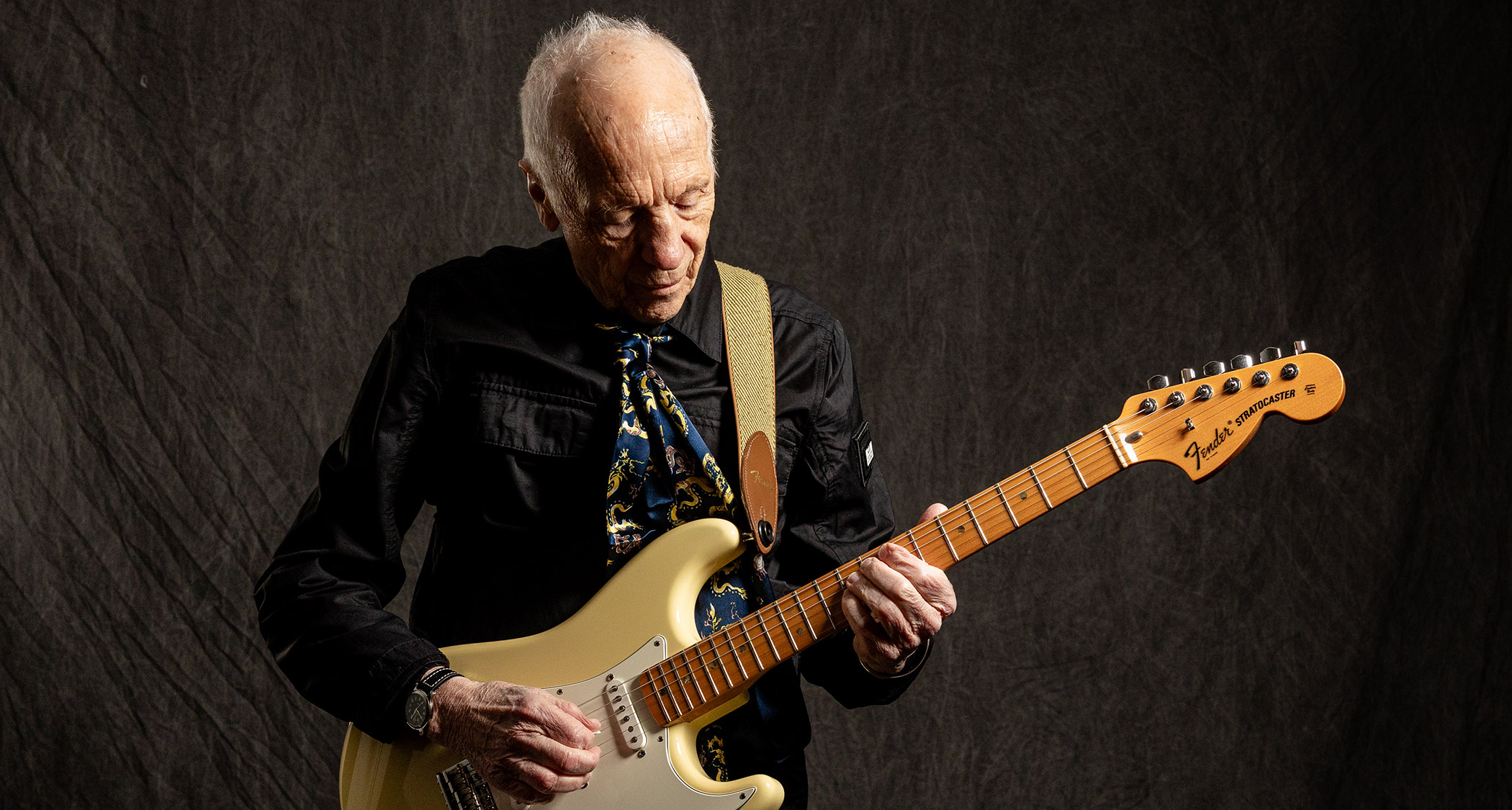 A portrait of the great Robin Trower with his Fender Stratocaster