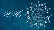 The word '2026' is written in a starry sky, beside the symbols of the zodiac