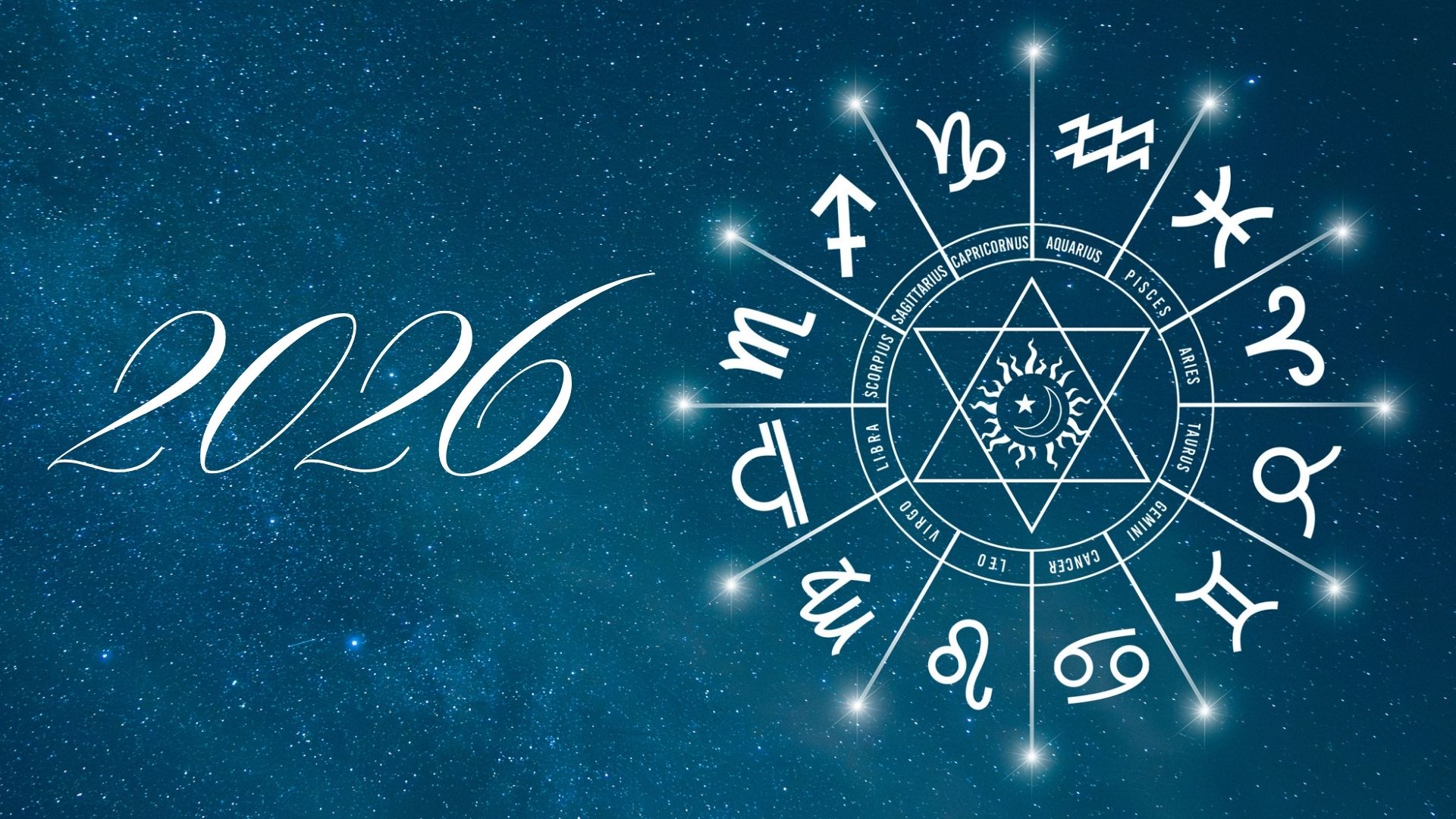 The word '2026' is written in a starry sky, beside the symbols of the zodiac