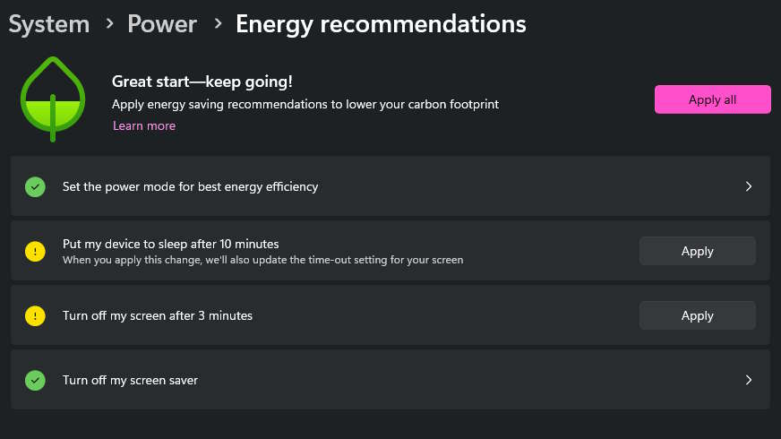 Energieempfehlungen für Windows 11
