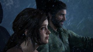Ellie and Joel drive in car with rain in The Last of Us