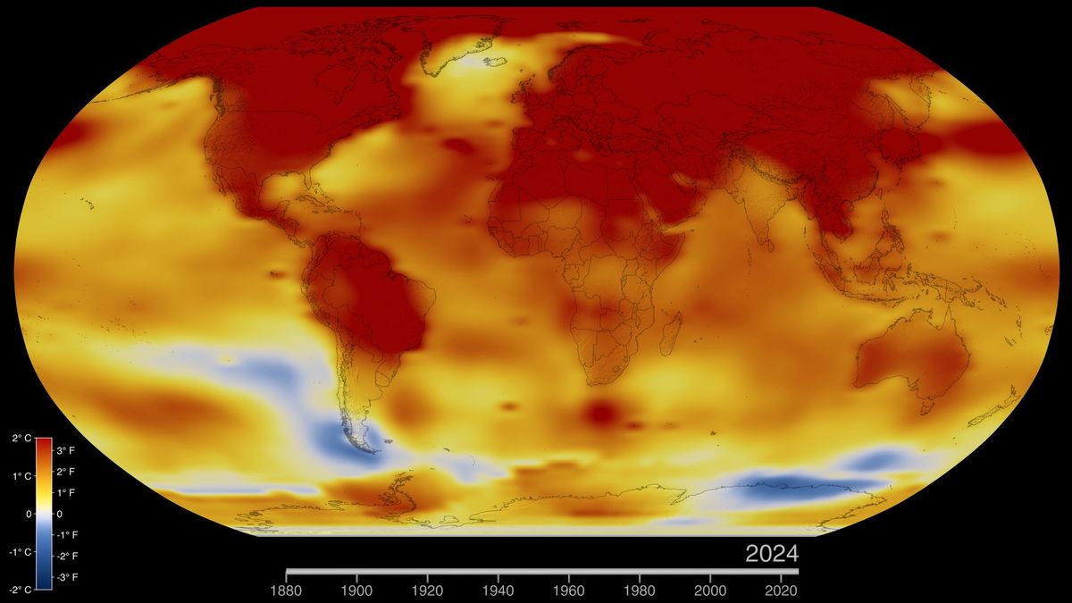 global map of earth, showing in red and orange where the planet was warmer in 2024 than average years. almost all of the map is red or orange.