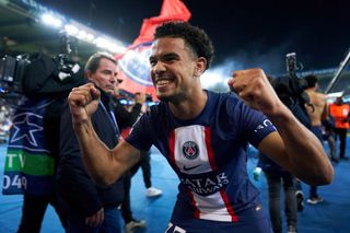 Warren Zaire-Emery of Paris Saint-Germain celebrates victory after the UEFA Champions League group H match between Paris Saint-Germain and Maccabi Haifa FC at Parc des Princes on October 25, 2022 in Paris, France.