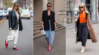 Three women wearing barrel leg jeans showing how to style jeans