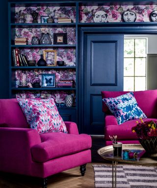 Purple armchair, blue door and shelves