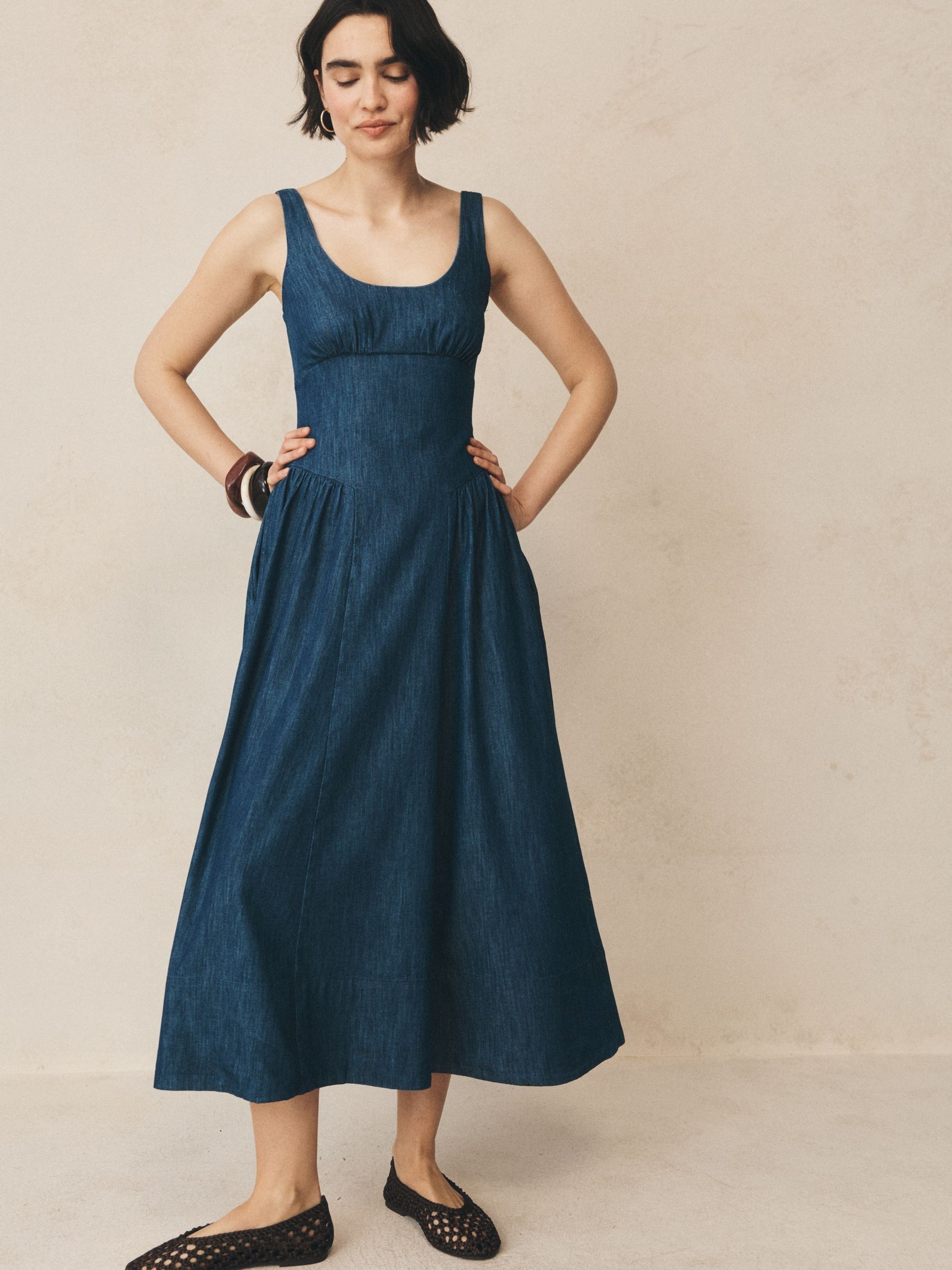 Blue Linen Scoop Neck Shirred Maxi Dress