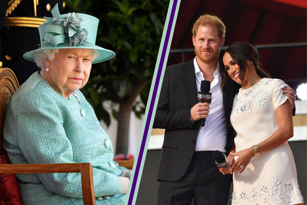 Queen Elizabeth II looking serious, split layout with Prince Harry and Meghan on stage after Lilibet born