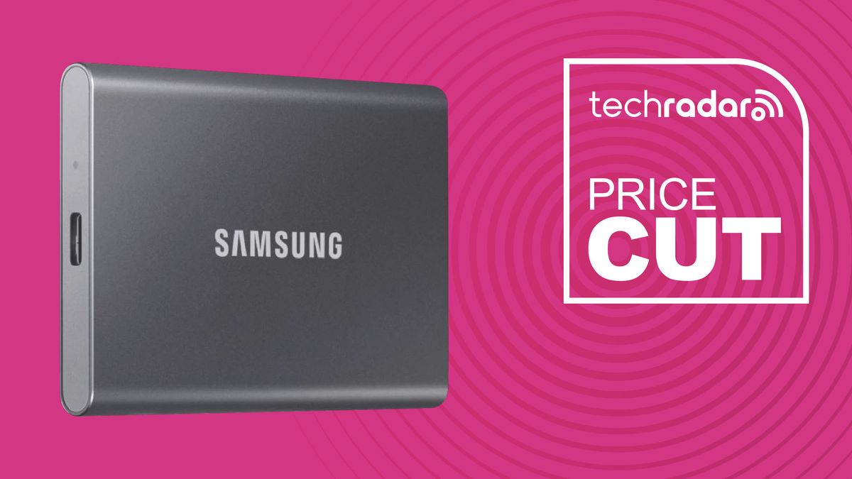 SAMSUNG T7 Portable SSD in gray on magenta pink background with price cut text on it