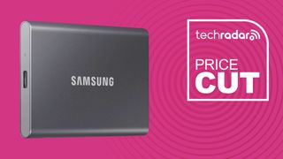 SAMSUNG T7 Portable SSD in gray on magenta pink background with price cut text on it