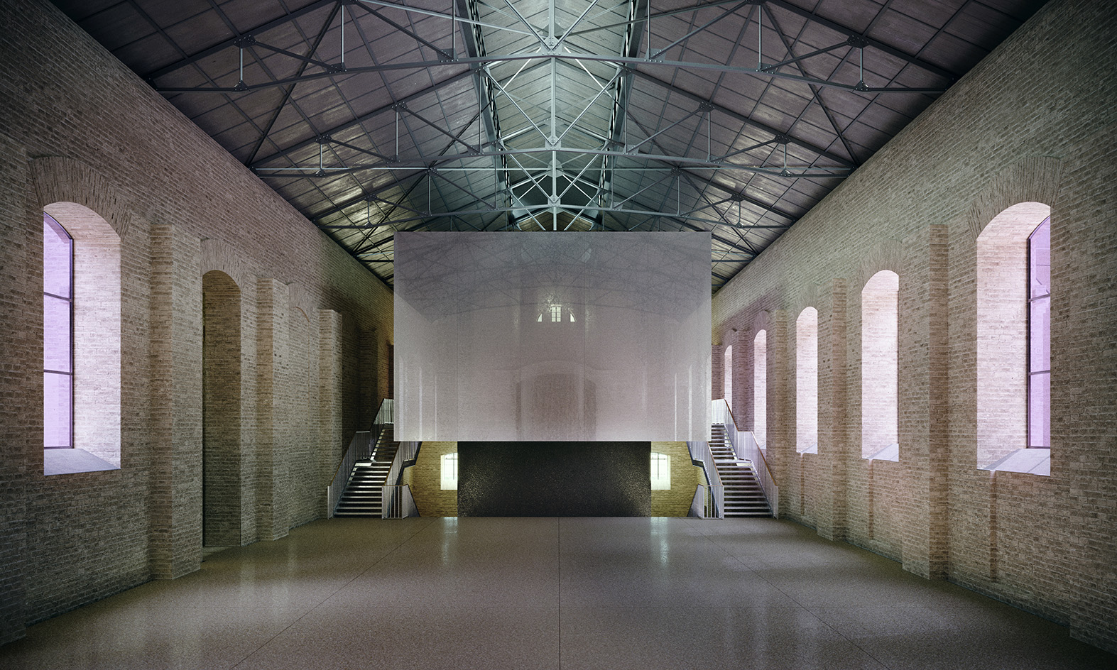 renders of interiors at CCA Tashkent, open spaces and brick surfaces