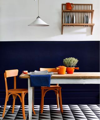 Kitchen wall decor ideas with blue half painted wall