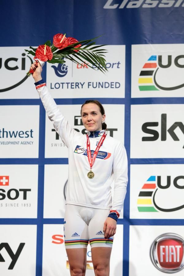 Victoria Pendleton stands proudly on the podium after she collected the World Cup leader's jersey and gold medal for the women's sprint.