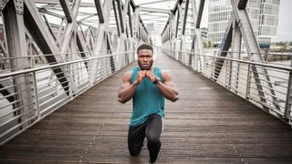 nutritionist debunks 6 common dieting myths: person doing lunges on a walking bridge