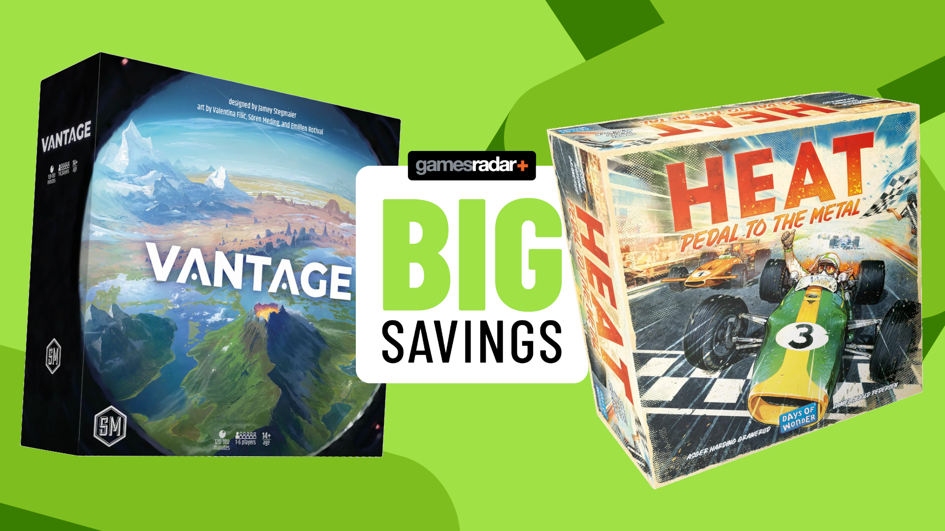 Vantage and Heat: Pedal to the Metal boxes on either side of a GamesRadar+ 'big savings' badge, against a green background