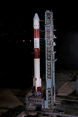 India's Polar Satellite Launch Vehicle (PSLV-C46) stands tall on the launch pad at the Satish Dhawan Space Center in Sriharikota, India, ahead of the planned launch of the RISAT-2B Earth-observing satellite.