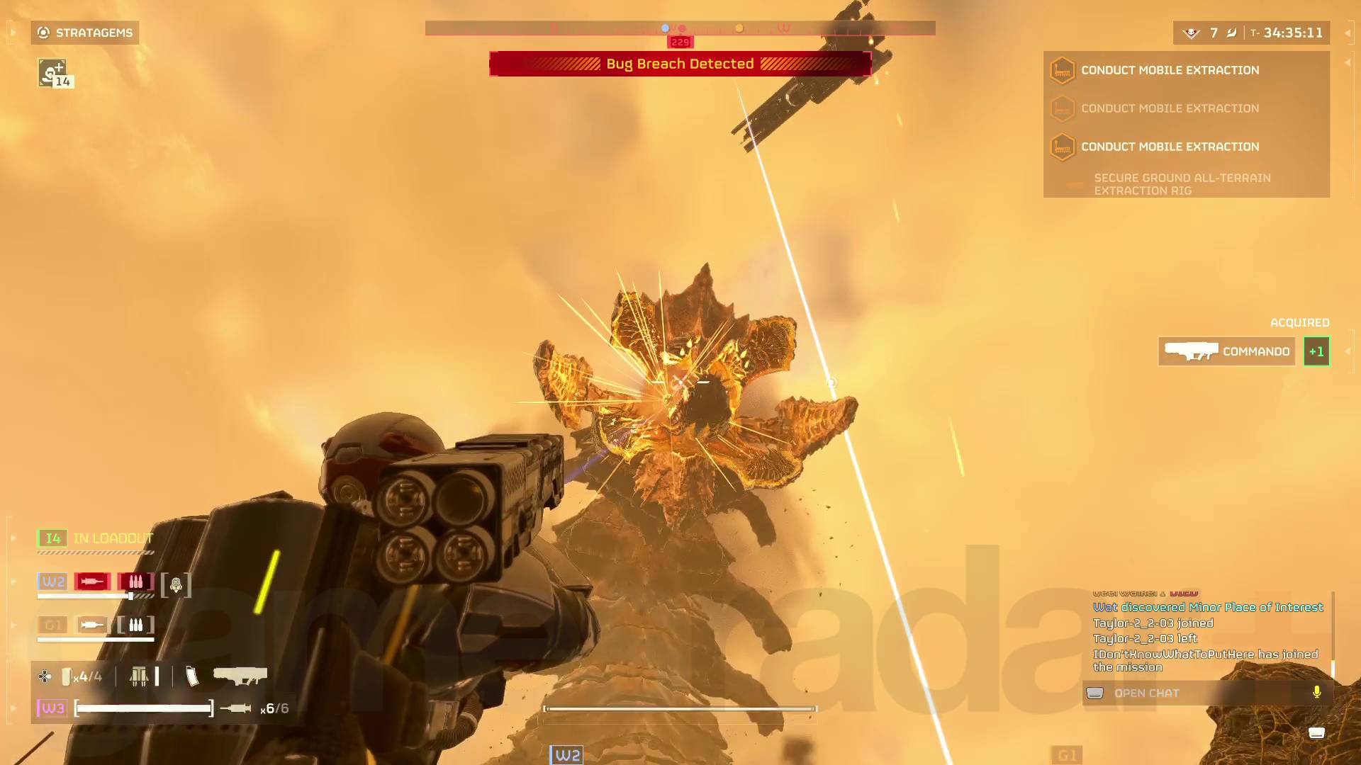 Helldivers 2 Hive Lord getting hit with commando rocket