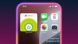 ExpressVPN graphic showing ExpressVPN widget displayed on the top left of an iPhone screen. There is a prompt on the right which reads "long press to speak to Siri" and four other iPhone apps