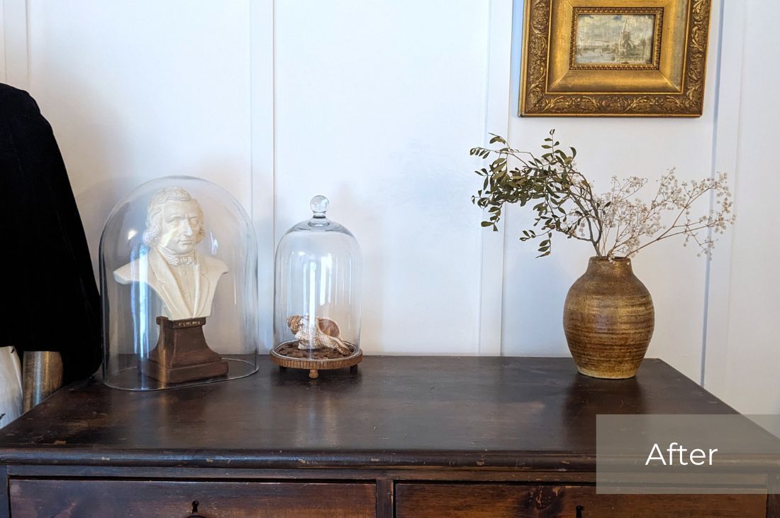 After photo showing my dresser now only has two terrariums displaying otems inside and a vase following using the 5x5 Cleaning Method