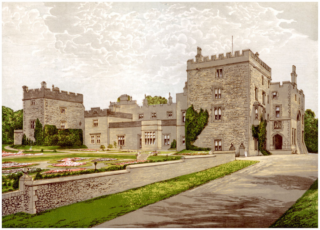 A print of Muncaster Castle from A Series of Picturesque Views of Seats of the Noblemen and Gentlemen of Great Britain and Ireland, edited by Reverend FO Morris, Volume III, William Mackenzie, London, c1880. Wood-engraved plates after paintings by Benjamin Fawcett and Alexander Francis Lydon.