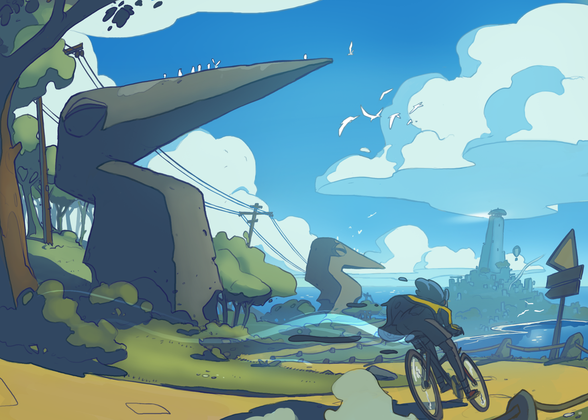 Wheel World indie game developer interview; A digital illustration depicts a person riding a bicycle along a path amidst a whimsical landscape with large rock formations and a cloudy sky.