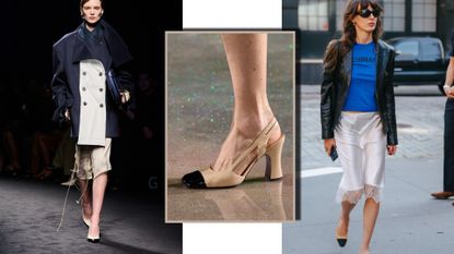 cap toe shoes on the runway and street style