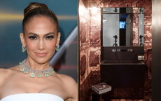 A split image with a headshot of Jennifer Lopez and a photograph of a dimly lit powder room