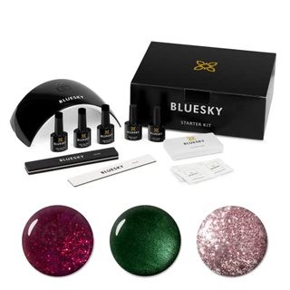 Bluesky Gel-Nagellack-Starter-Set – Glitzer, Gel-Nagellack-Set mit 24-W-LED-UV-Lampe, Nageltrockner, 3 10-ml-Gellacken, Reinigungstüchern, Ober- und Unterlack, Nagelfeile und Puffer