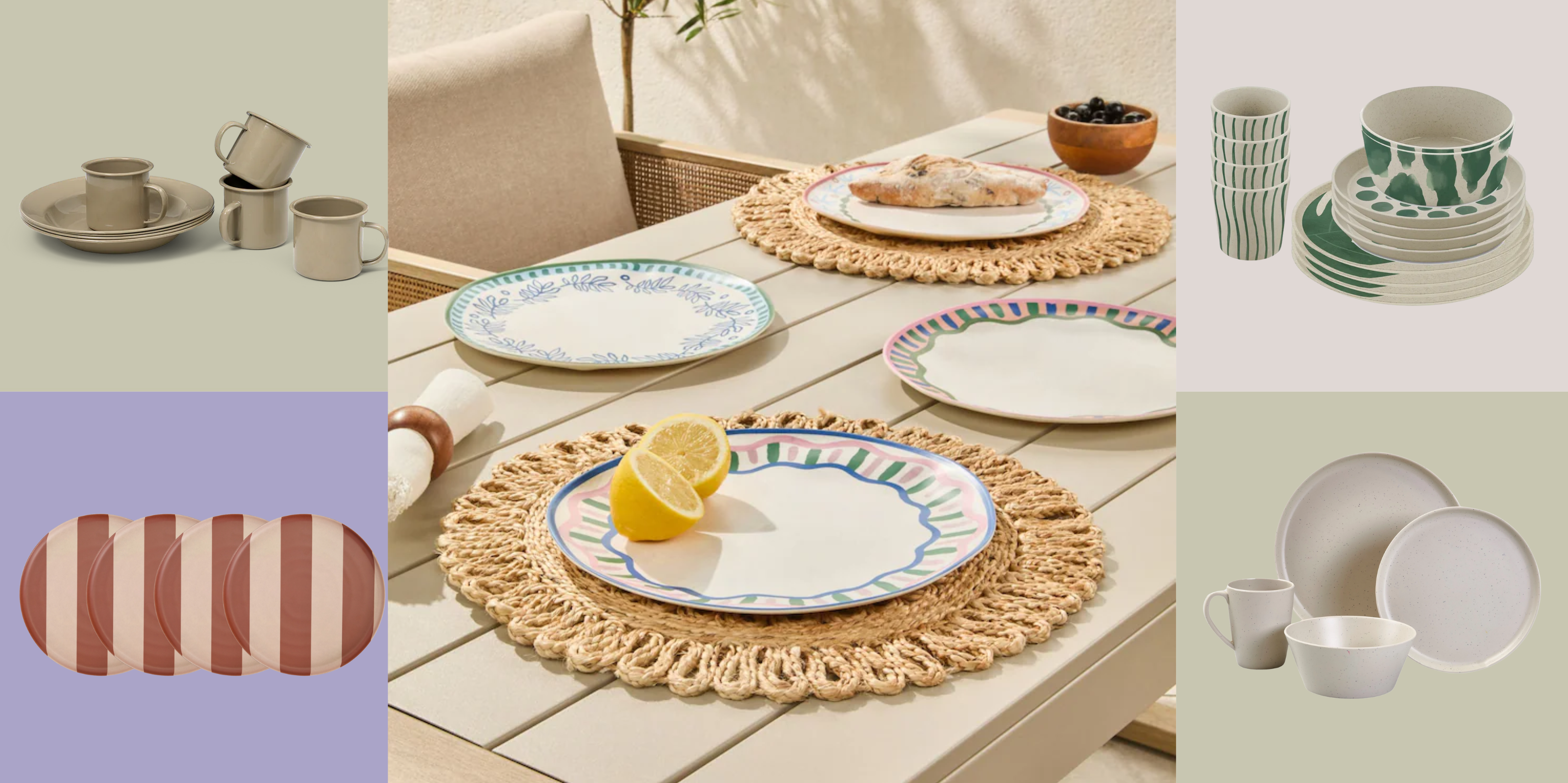 a grid featuring several outdoor dinnerware sets in multiple colors surrounding a central image of four plates on an outdoor dining table