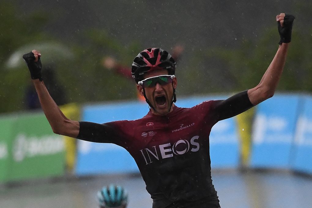 Wout Poels lets out a shout after winning stage 7 at Dauphine