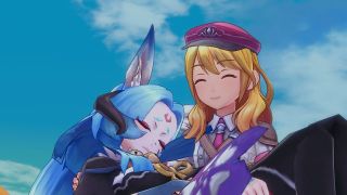 A screenshot of Rune Factory 5 on Nintendo Switch, showing the player character carrying an unconscious blue-haired woman
