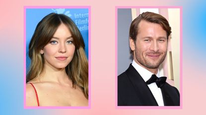 Sydney Sweeney Glen Powell, photos of Sydney Sweeney and Glen Powell against a pink and blue background