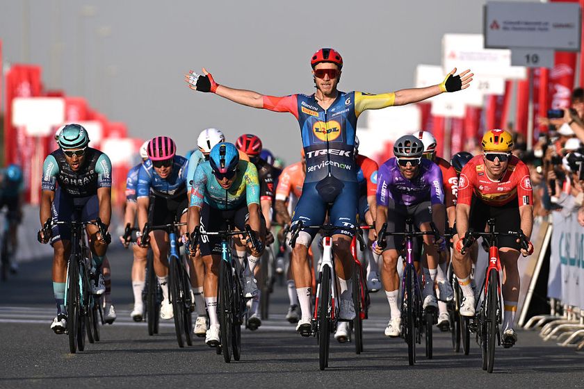 DUBAI, UNITED ARAB EMIRATES - FEBRUARY 20: Jonathan Milan of Italy and Team Lidl - Trek celebrates at finish line as stage winner ahead of Erlend Blikra of Norway and Team Uno-X Mobility, Matteo Malucelli of Italy and Team XDS Astana and Luka Mezgec of Slovenia and Team Jayco AlUla during the 8th UAE Tour 2026, Stage 5 a 168km stage from Dubai Al Mamzar Park to Hamdan Bin Mohammed Smart University / #UCIWT / on February 20, 2026 in Dubai, United Arab Emirates. (Photo by Tim de Waele/Getty Images)