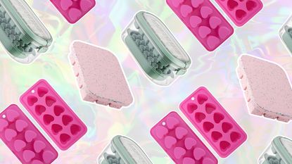 Pink heart-shaped ice cube trays, light pink ice cube tray, green ice cube tray