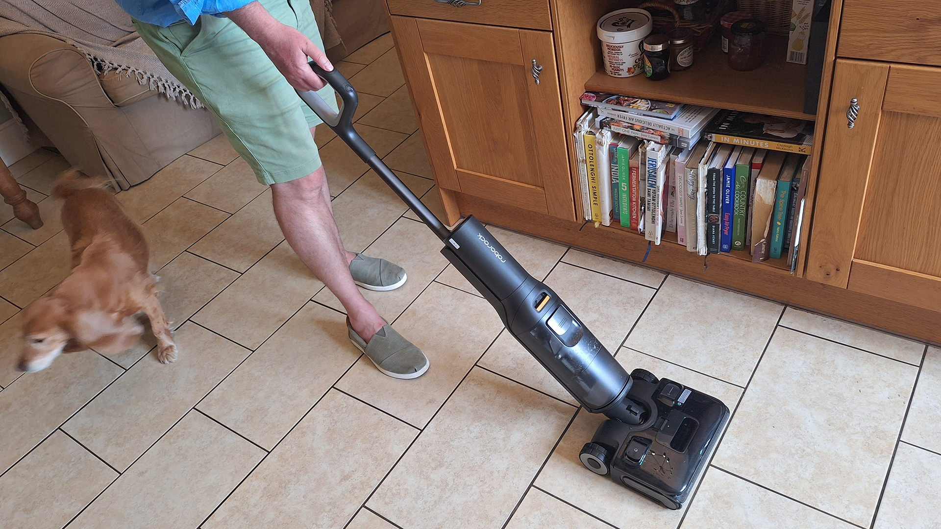 Person using Roborock F25 Ace Combo mop in a home with dogs running around