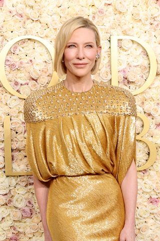 Cate Blanchett is pictured with a short bob and side fringe at the 82nd Annual Golden Globe Awards at The Beverly Hilton on January 05, 2025 in Beverly Hills, California.