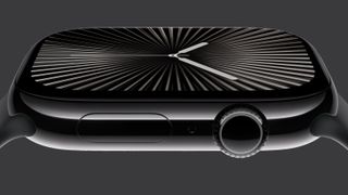 The Jet Black Apple Watch Series 10 watch on a grey background