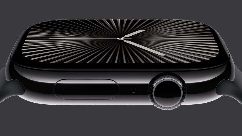 The Jet Black Apple Watch Series 10 watch on a grey background