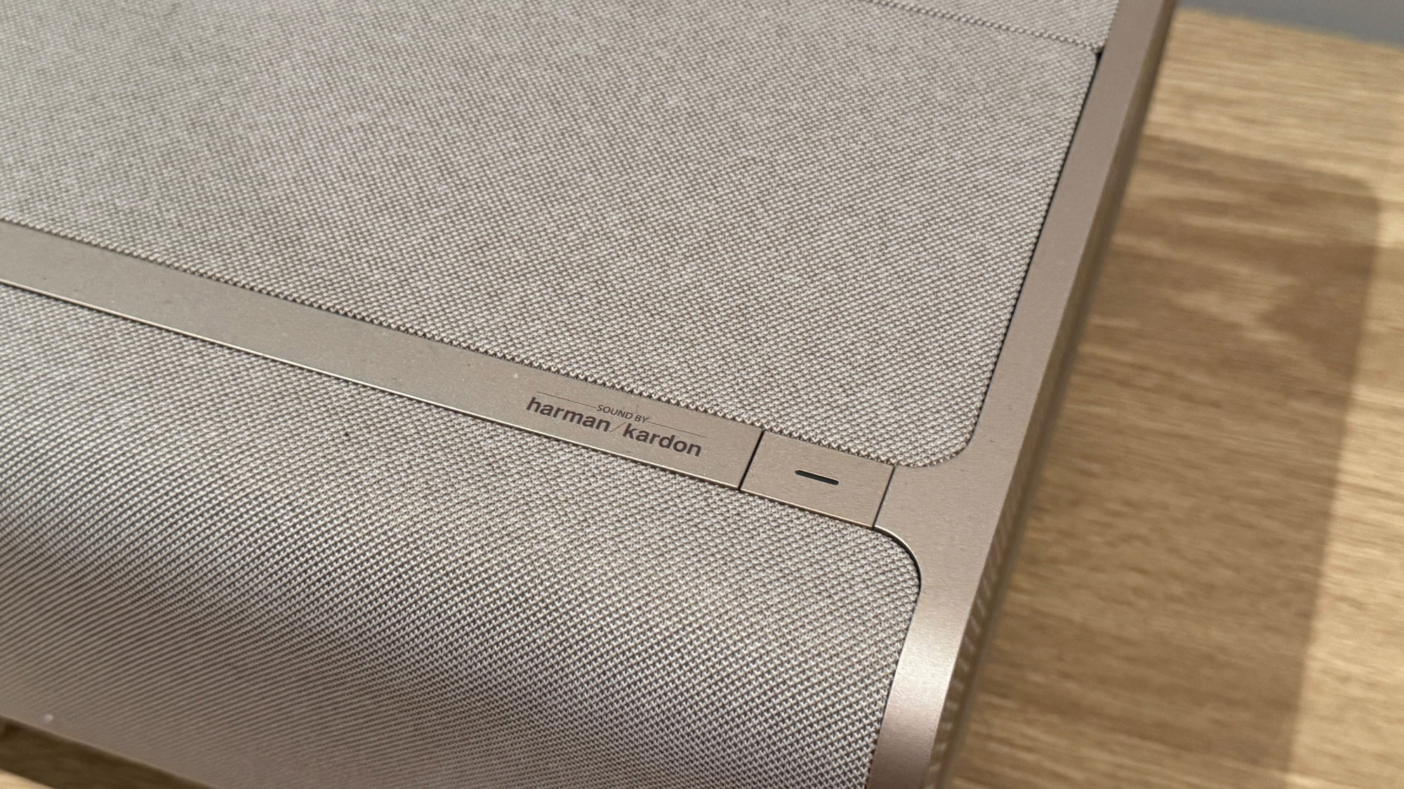 Close up image of Harman Kardon branding on Xgimi Aura 2 projector