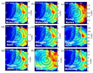 A hyperspectral image of the Aurora Borealis showing the emissions of different elements and molecules.