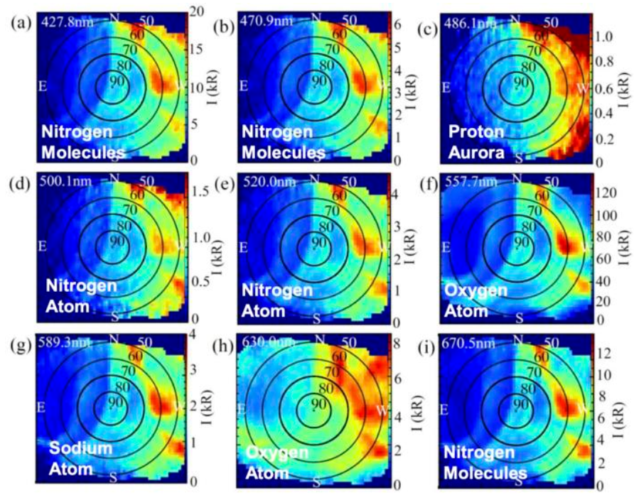 A hyperspectral image of the Aurora Borealis showing the emissions of different elements and molecules.